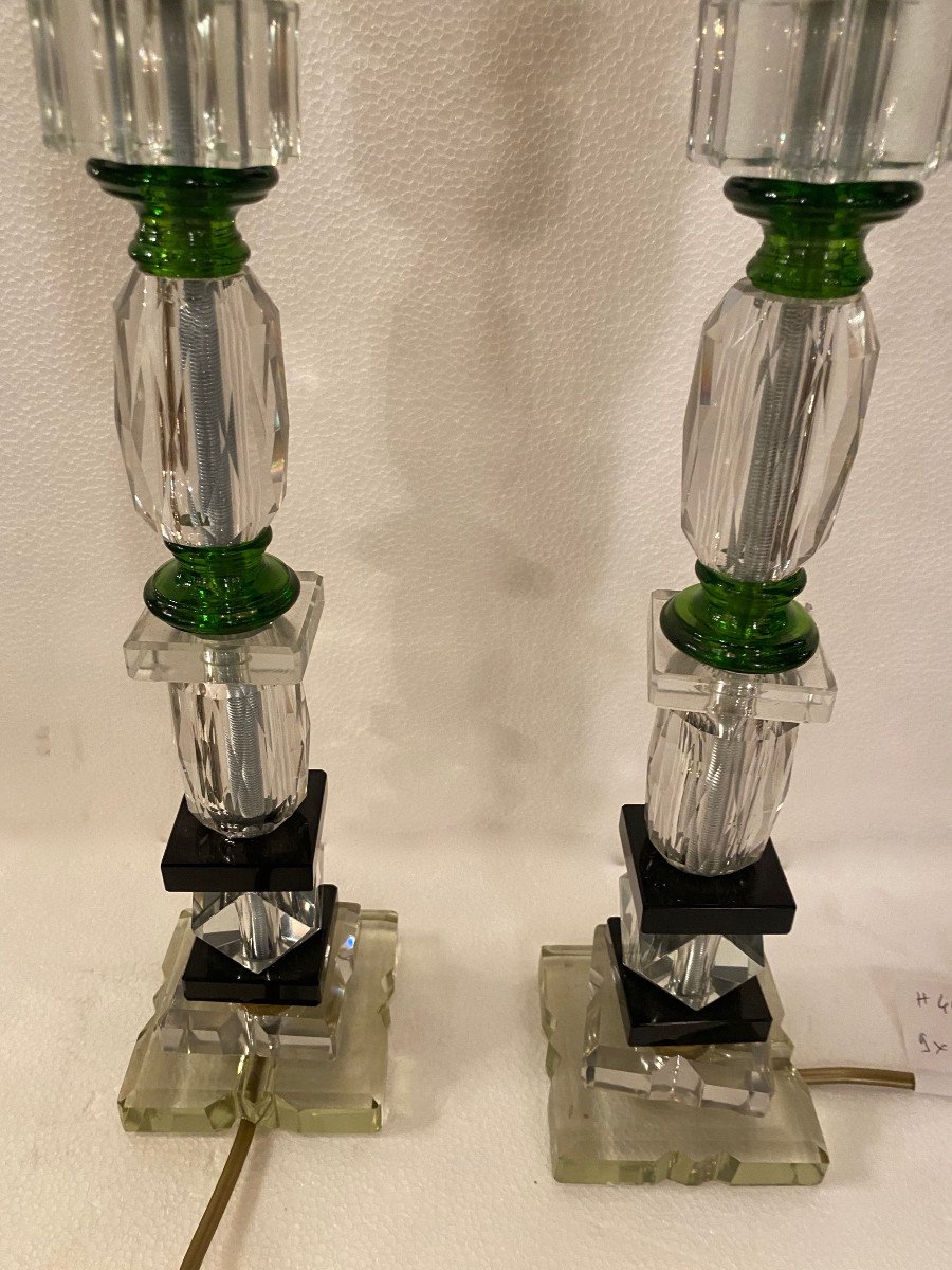 1940′ Pair Of Glass Lamps Reassembly With Old Elements, H 40 Shoulders Color Green-photo-3