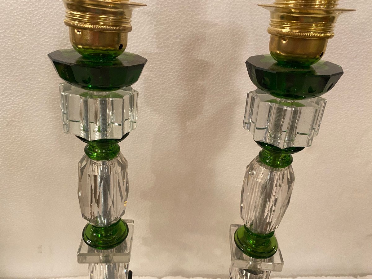 1940′ Pair Of Glass Lamps Reassembly With Old Elements, H 40 Shoulders Color Green-photo-4