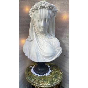 1880/1920 Neapolitan Carrara Marble Bust Of Bride With Veil