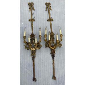 1890/1900′ Pair Of Louis 16 Style Gilt Bronze Sconces After Gouthiere