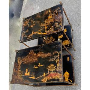 1950′ Paire De Tables Maison Baguès Décor Bambou  Bronze Doré, Plateaux Laque De Chine 60x40 Cm