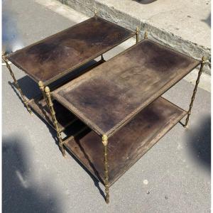 1970′ Pair Of Side Tables At 2 Levels Maison Baguès Vintage Leather Trays 73 X 42 H 46 Cm