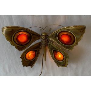1970' Bronze Butterfly Wall Lamp, Duval Brasseur Or Isabelle Faure, Agate Wings 40 Xh 33 Cm