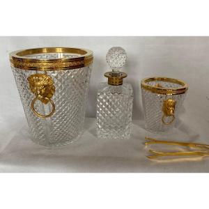 1970′ Champagne Bucket, Ice Cubes And Crystal Bottle Diamond Points With Bronze Lion Heads