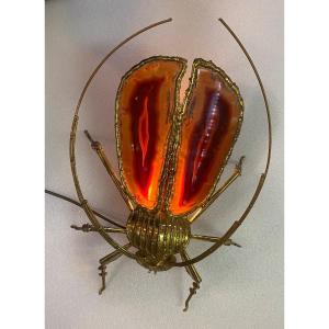 1970 Illuminating Wall Lamp Cicada In Gilt Bronze And Agates Style Duval Brasseur Or I.faure