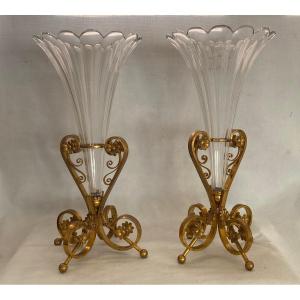 1870′ Paire De Cornets Baccarat Ou Similaires Monture Bronze Monogramme A La Couronne H 49,5 Cm