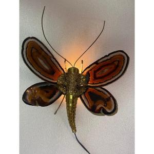 1970 'bronze Butterfly Wall Lamp, Duval Brasseur Or Isabelle Faure, Agate Wings: 28 Xh 35