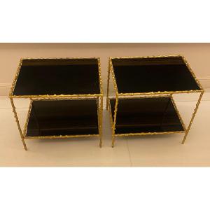 1970′ Pair Of Sofa Ends, Gilt Bronze Plant Decor Maison Jansen Blackened Glass Trays