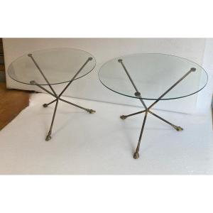 1970′ Pair Of Patinated Brass Pedestal Tables Glass Top Maison Charles Ou Jansen H 41 Diam 60 Cm