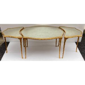 1970′ Table Tripartite Maison Charles Forme Arbaléte, Jansen Ou Baguès Décor Palmier En Bronze 