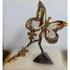 1970/80 Butterfly In Bronze And Glass Paste, Sculpture Signed Lohe