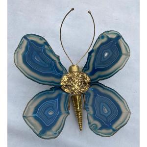 1970' Butterfly Wall Lamp In Bronze Or Brass, Duval Brasseur Or Isabelle Faure, 1 Agate Bulb