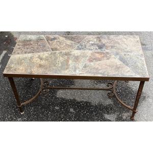 1950/70 Wrought Iron Coffee Table With Correze Slate Top Spacer 90.5 X 45.5 Xh 45 Cm