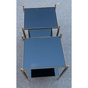 1970′ Paire De Bouts De Canapé En Bronze Doré Maison Jansen Plateaux Miroirs Noirs 32 X 27 Cm