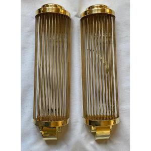 1970' Pair Of Sconces In Brass / Bronze Glass Tubes Genet Michon Or Petitot Style H 51 Cm