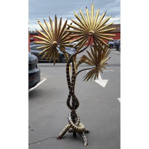 1970′ Yuka Palm Tree Floor Lamp In Brass/patinated Iron Maison Jansen 3 Heads Brutalist Style H 215