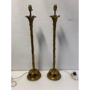 1970′ Pair Of Bronze Lamps Maison Bagués Decor Palm Tree H 68 ø 14 Cm