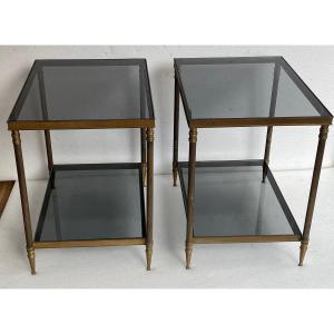 1950/70′ Pair Of Brass Sofa Ends Maison Jansen Smoked Glass Trays 56 X 40 X H 54 Cm