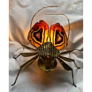 1970' Cicada Illuminating Wall Lamp In Gilt Bronze + Agate Style Duval Brasseur/ Isabelle Faure