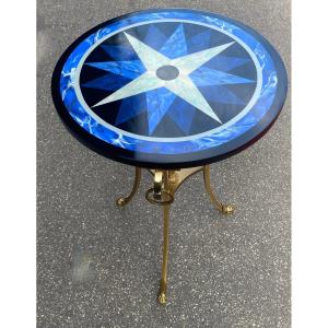 1990′ Maison Charles Pedestal Table In Bronze With Tray With Geometric Patterns ø 60 Cm H 71 Cm