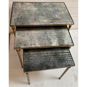 1970′ Série De 3 Tables Gigognes Maison Baguès En Bronze  Patiné Plateaux Miroir Oxydé Vieilli 