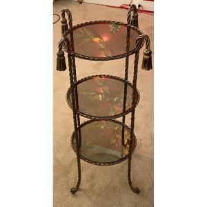 1970′ Sellette En Fer Doré 3 Plateaux Verre Fumé Dlg Maison Bagués Decor Passementerie