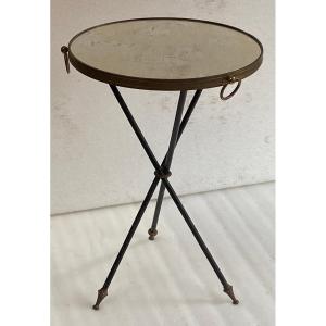 1950/70′ Guéridon Fer Forgé Ornements En Laiton Style Jacques Adnet Diamètre 42 Cm