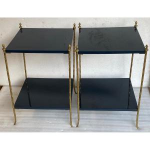 1970′ Pair Of Maison Charles Signed Gilt Bronze Tables With Blue Lacquer Tops 42x42xh62