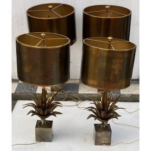 1950/70 Série de 4 Lampes en Bronze Décor Fleur De Lotus Signée Charles
