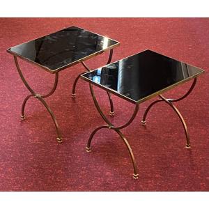 1950/70′ Pair Of Bronze Sofa Ends, Blackened Glass Trays Maison Ramsay 33.5x43.5x H 41