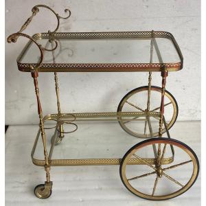 1970′ Desserte Roulante Maison Bagués En Laiton Et Bronze Doré Toupie Grandes Roues
