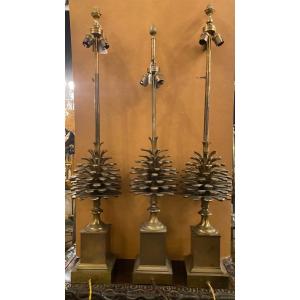 1950/70 Set Of 3 Bronze Lamps With Pine Cone Decor Signed Charles
