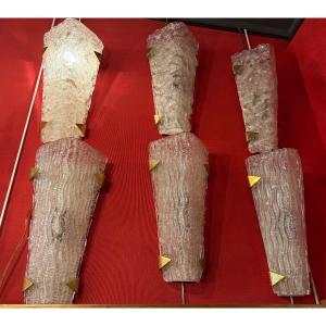 1950/70′ 2 Sets Of 3 Dlg Murano And Kalmar Frosted Glass Wall Sconces With Gilded Brass Claws