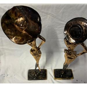 1970/80 ‘Les 2 Elégantes Au Chapeau Sculptures En Bronze , Signées LOHE
