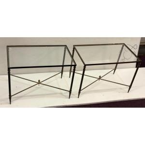 1970′ Paire De Tables Maison Baguès En Bronze Doré Avec Entretoise 34 X 55 X H 39 cm