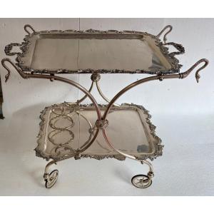1950/70 Rolling Bar With Swan Decor Rocaille Style Silver Metal From Parisian Palace