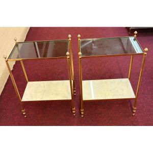 1970′ Paire de Bouts de Canapé En Bronze 2 Niveaux Maison Baguès Plateaux Verre Fumé + Marbre