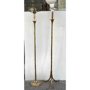 1970′ 2 Lampadaires En Bronze Maison Bagues Decor Palmier H 166 Base Ronde Et Tripode