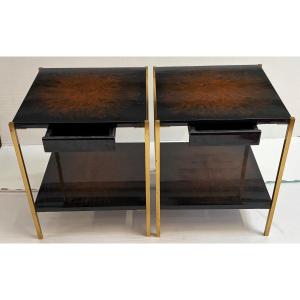 1970′ Paire De Tables A Tiroir Maison Charles Signée En Bronze Doré Avec Plateaux Décor De Feu 