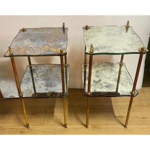 1970′ Paire Bouts Canapés Maison Jansen Forme Arbaléte Plateaux Miroirs Vieillis 40 x32 x H 61