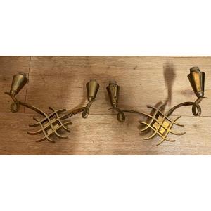 1940′ Paire d’appliques Art Deco En Bronze Doré Attribué a Jules Leleu