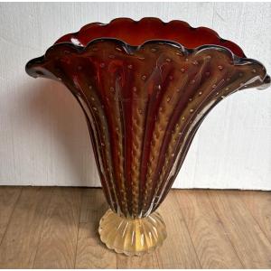 1970′ Vase Cristal Murano Violine et Or Signé Pino Signoretto H 40 cm