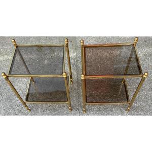 1970s Pair Of Bronze 2-tier Side Tables By Maison Jansen With Smoked Glass Tops, 43 X 33 X H 62 Cm