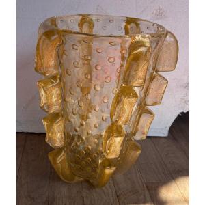 1970s Murano Crystal Vase With Gold Flakes, Unsigned, Barovier I Toso, H 36 X 26 Cm
