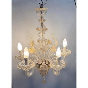 1950s Murano Crystal Chandelier With Gold Leaf Inclusions, 5 Arms, H 65, ø 51 Cm