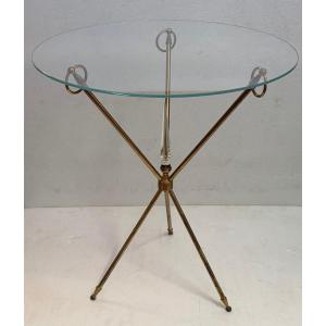 1950s Tripod Side Table Attributed To Jacques Adnet, Brass With Crystal Inlay, ø 60, H 70 Cm