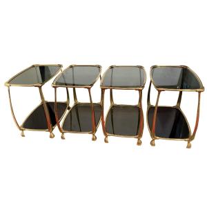 1970/80′ Série de 4 Tables en Bronze Doré à 2 Niveaux Style Art Nouveau ,top verre 52 X 37 cm