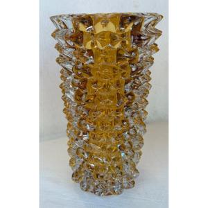 1960s “rostrato” Vase In Clear Crystal With An Amber Core, H 37 Cm, ø 17 Cm, Att Barovier