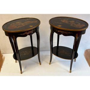 1970s: Pair Of Signed Maison Hirch Nightstands, Black Lacquered With Gold Chinese Decorations