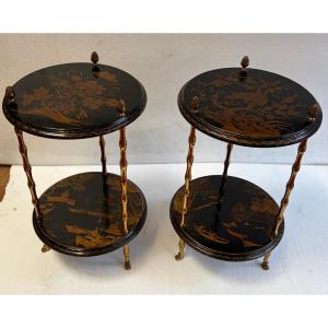 1950s–1970s Pair Of Baguès Side Tables With Bamboo Design, Gilded Bronze, Chinese Lacquered Tops